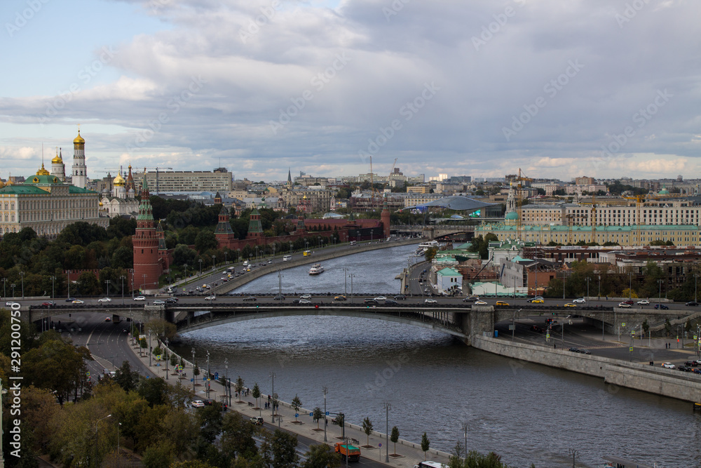 top view of the Kremlin and Moscow river from the bridge from the panoramic platform of the temple of Christ the Savior in Moscow Russia