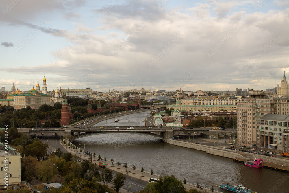 top view of the Kremlin and Moscow river from the bridge from the panoramic platform of the temple of Christ the Savior in Moscow Russia