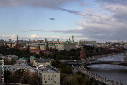 top view of the Kremlin and Moscow river from the bridge from the panoramic platform of the temple of Christ the Savior in Moscow Russia