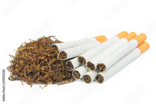 Cigarette and tobacco isolated on white background photo