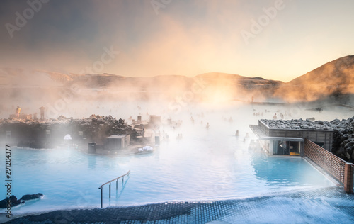 Beautiful landscape and sunset near Blue lagoon hot spring spa in Iceland photo
