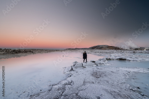 Beautiful landscape and sunset near Blue lagoon hot spring spa in Iceland