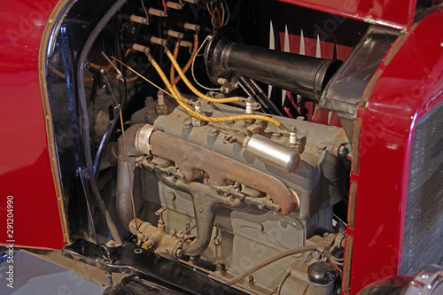 Close-up view of the engine of a vintage automobile from the 1920s, 1930s