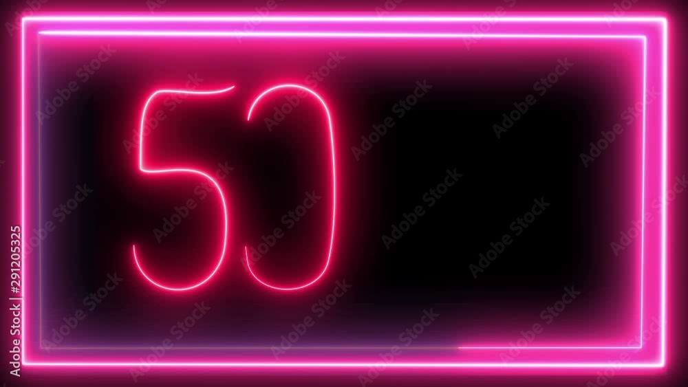 Neon inscription of blue and red flowers in a sale frame. 50 percent discount