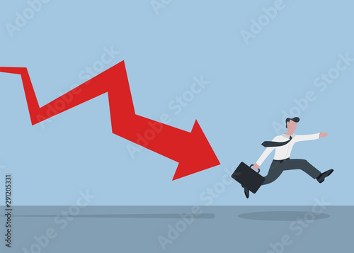 The businessman went bankrupt and runs away. Depreciation, economic downturn, investment risk, currency price. Vector illustration.