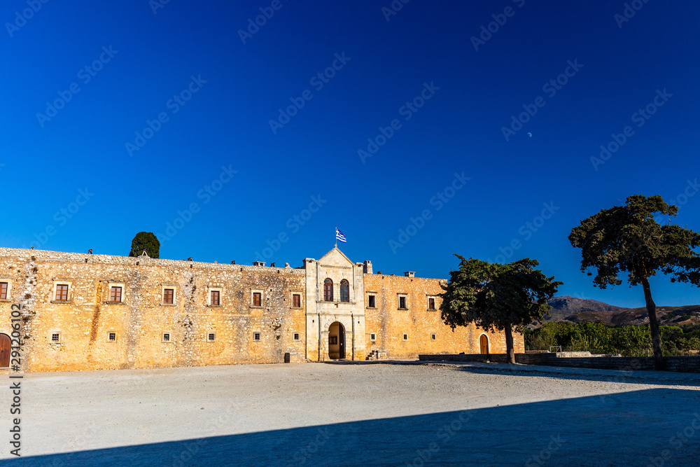 Fototapeta premium Outer building enclosing the courtyard of Arkadi monastery (Moní Arkadíou), an Eastern Orthodox monastery located next to Rethymno, North Crete, Greece