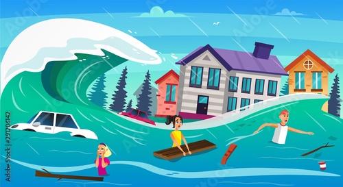 Scary Cartoon People Water Overflow Tsunami Wave