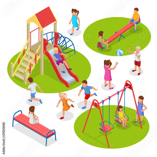 Isometric kids, boys and girls are playing on the playground. Swing carousel sandpit slide rocker rope ladder bench.
