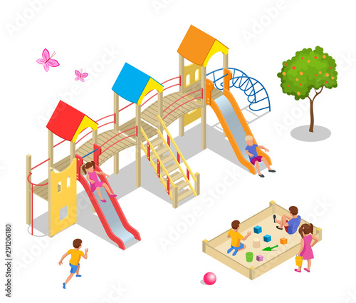 Isometric kids, boys and girls are playing on the playground. Swing carousel sandpit slide rocker rope ladder bench.