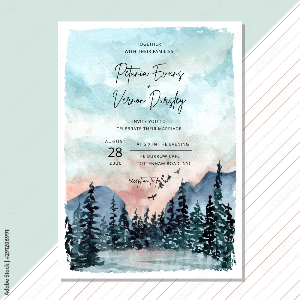 wedding invitation card with landscape watercolor background Stock