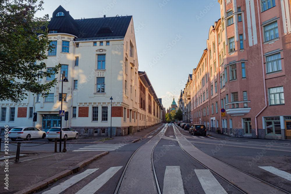Helsinki. Finland. Highway. Tram tracks in Helsinki. road to the Assumption Cathedral. The streets of Finland. Helsinki architecture. Road intersection. The architecture of northern Europe. Helsinki. Finland. Highway. Tram tracks in Helsinki. road to the Assumption Cathedral. The streets of Finland. Helsinki architecture. Road intersection. The architecture of northern Europe.