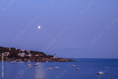 Paisaje del norte de la costa mediterranea en Roses, Girona , Cataluña , España. Luz fría de hora azul