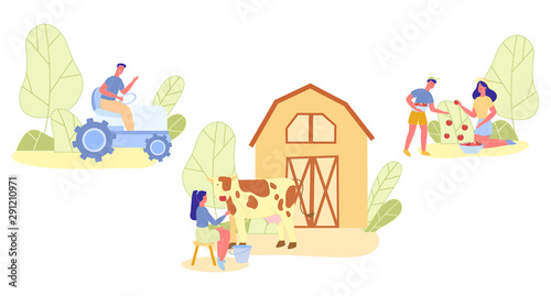 People Gardening, Harvesting, Driving Tractor Set