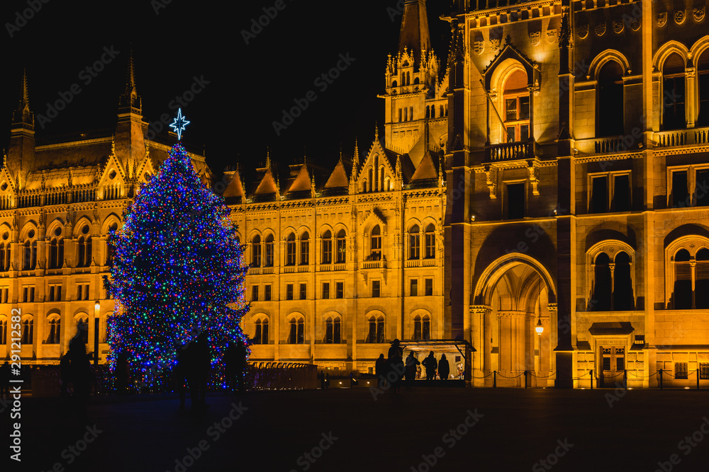 Christmas Tree In Front Off Parliament Building, At Kossuth Square, Budapest, Hungary