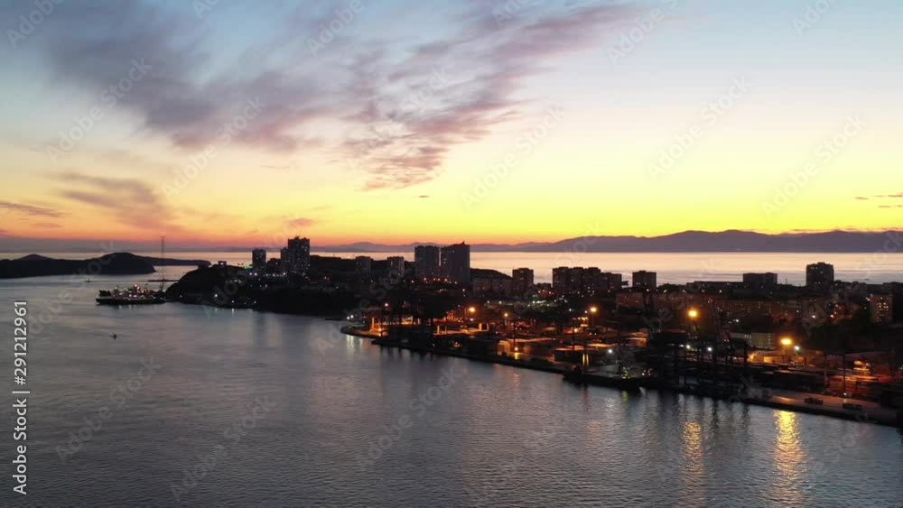 Aerial view of Golden horn Bay during sunset. Vladivostok, Russia Aerial view of Golden horn Bay during sunset. Vladivostok, Russia
