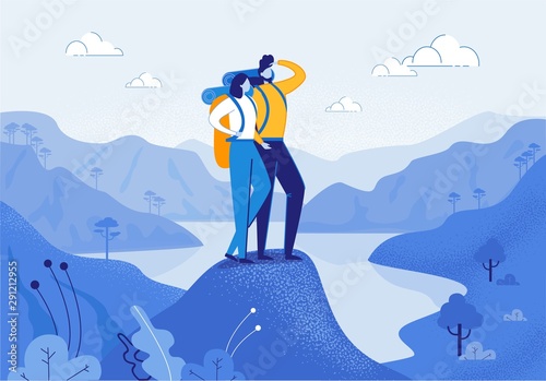Young Woman and Man Couple Hiking in Mountains.