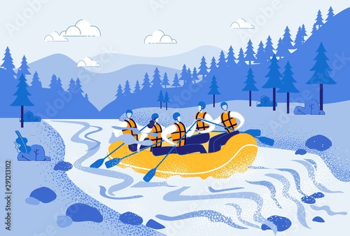 Men and Woman Rafting in Inflatable Boat Vector.