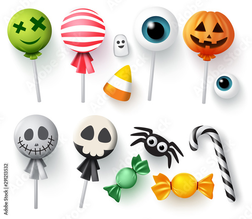 Halloween candy vector set for trick or treat. Sweets halloween candies, candy cane and lollipop in scary candy cover of pumpkin, ghost and eyeball isolated in white background. Vector illustration.