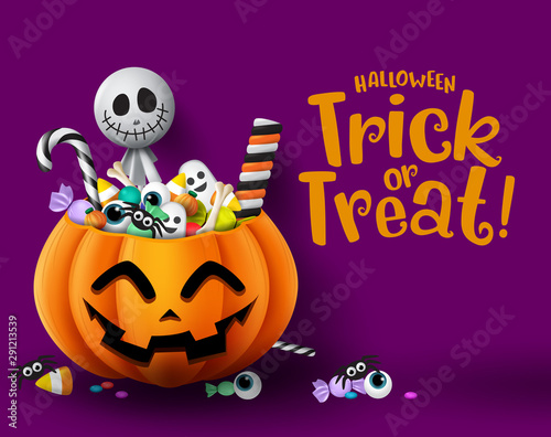 Halloween trick or treat pumpkin vector background template. Halloween trick or treat greeting text with empty space for message and pumpkin basket with sweet candies element. Vector illustration.