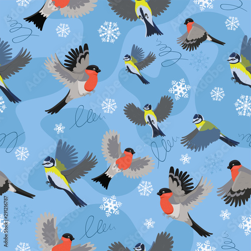 Seamless pattern with bullfinches and titmouse. eps 10