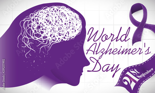 Woman Silhouette, Tangles and Purple Ribbon to Celebrate World Alzheimer's Day, Vector Illustration