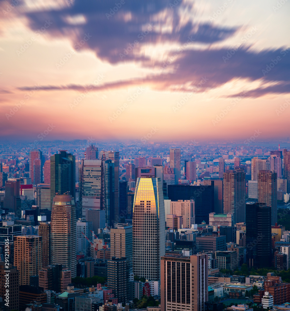 Tokyo cityscape with beautiful sunset sky at dusk.