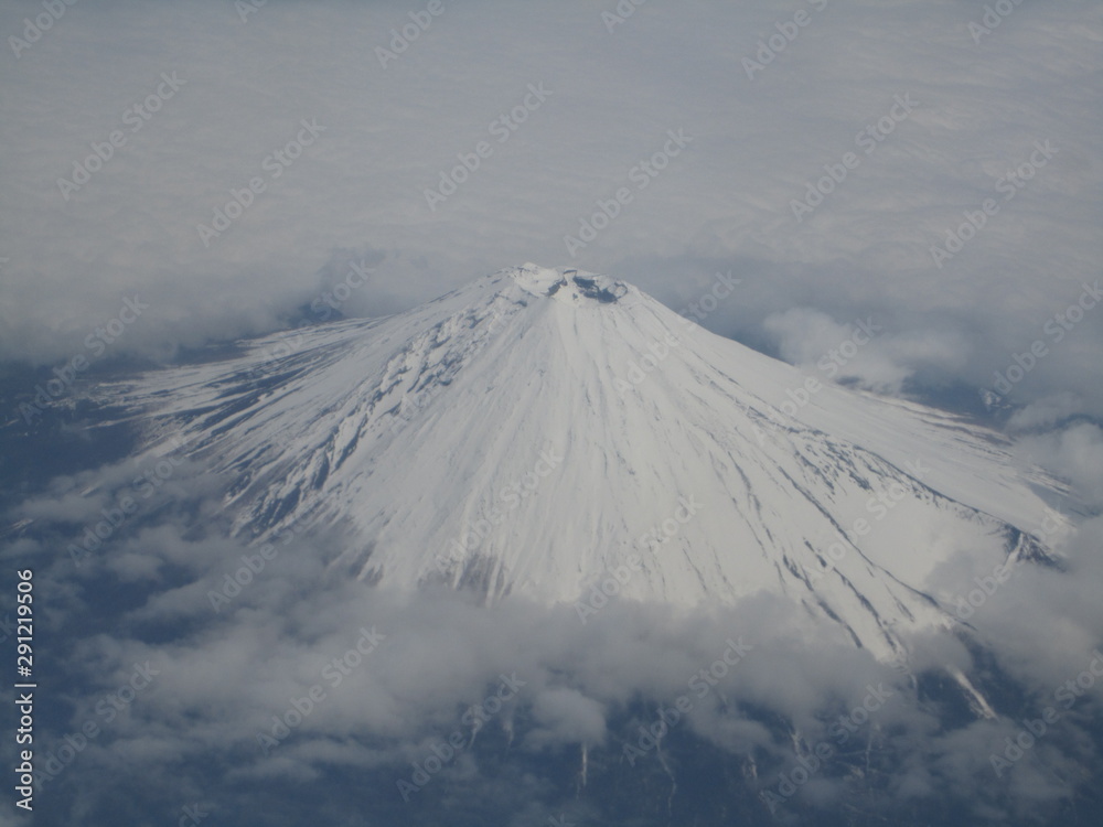 Flying Over Mt. Fuji Japan. Top View Of Mt. Fuji.