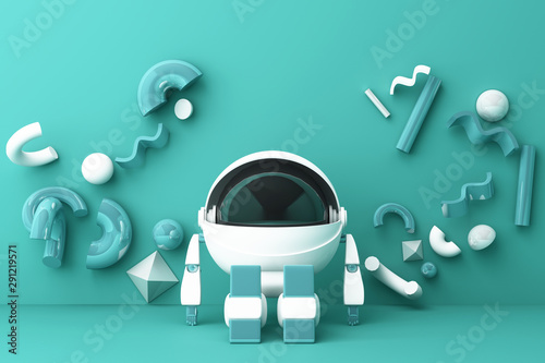 The cute wthie robot is sitting surrounded by geometric objects on green background. 3d rendering photo