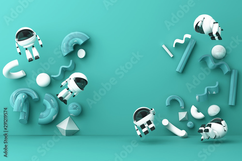 The cute wthie robot is floating surrounded by geometric objects on green background. 3d rendering