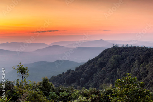 Landscape Mountain view Sunrise tre with the sky.Mountain at sunrise in the morning. Fog and green trees The peak Phu Rua National Park in Loei..