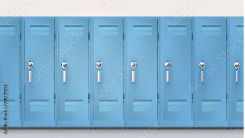 Blue cupboards with combination lock and handles. Welcome back to school. Set of realistic school locker, metal cabinets with closed doors. Vector template, 3d illustration photo