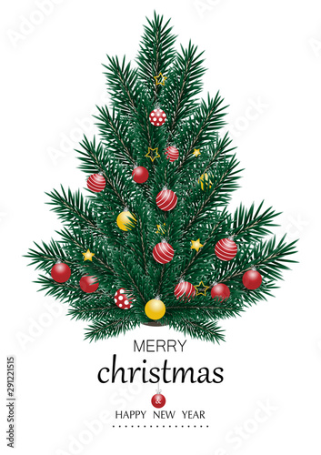 Christmas tree decorated with Christmas balls and stars isolated on white background. Vector illustration.