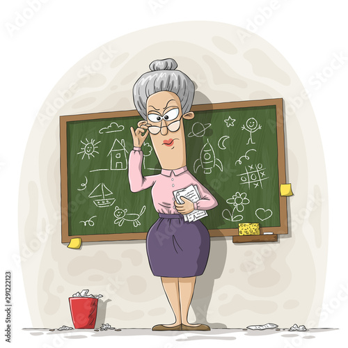 Strict teacher in front of a blackboard. Hand drawn vector illustration with separate layers.