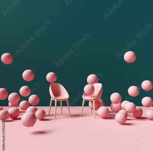 Fototapete 3D-Mosaik - Fototapete Pink chair with balloons. Creative design. Minimal concept. 3d rendering