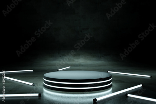 Neon podium with neon tube on dark background. 3d rendering