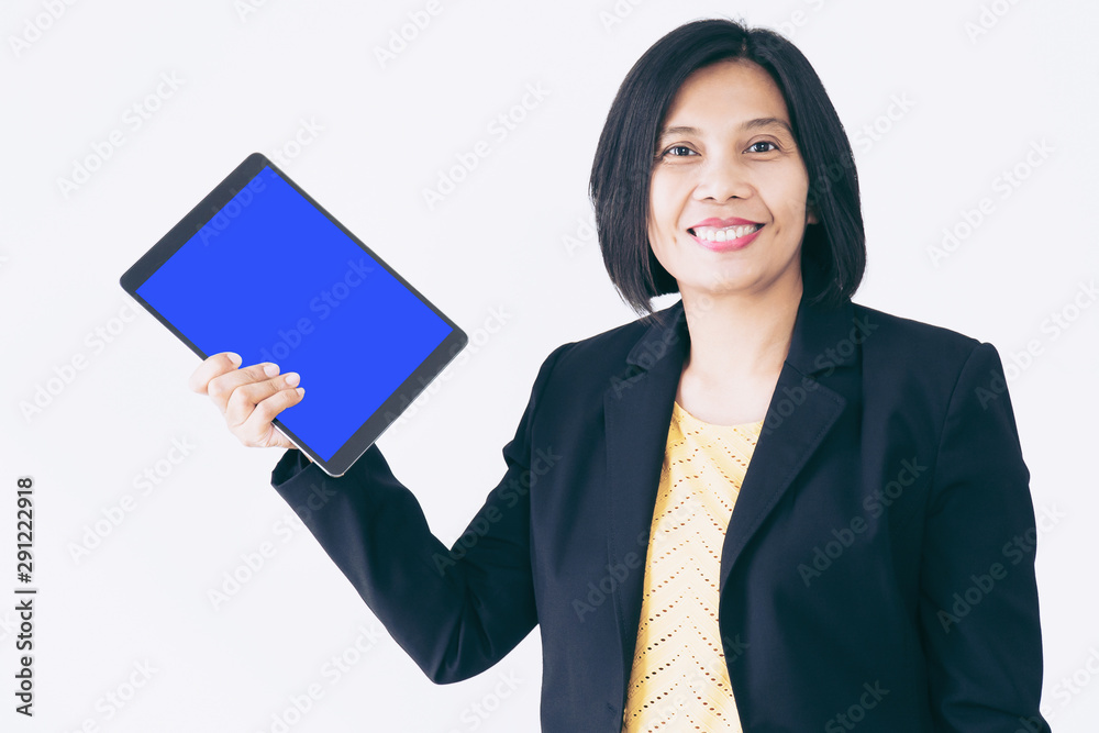 Business Asian Woman Holding Tablet Smiling and Happy Office Manager Concept Business Asian Woman Holding Tablet Smiling and Happy Office Manager Concept