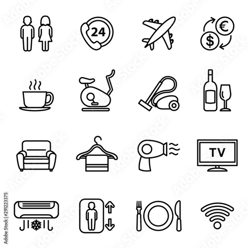 Hotel icon set 2 with white background. Planet earth cartography. Thin line style stock vector.