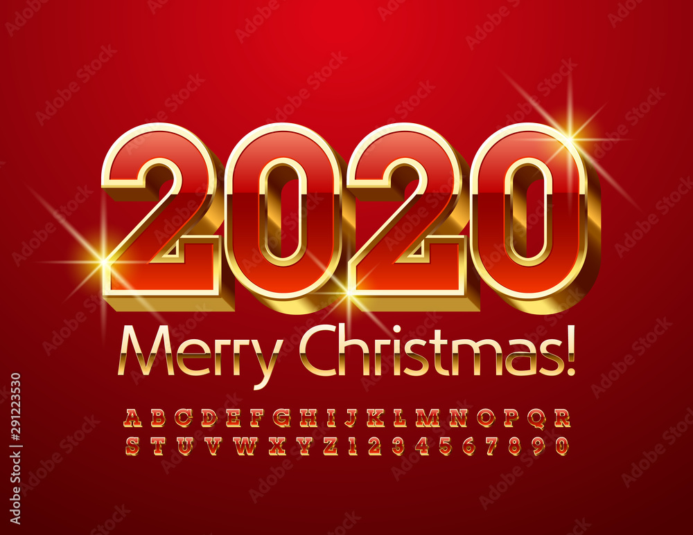 Vector Luxurious Greeting Card Merry Christmas 2020. Chic 3D Font. Red and Golden  Alphabet Letters and Numbers.