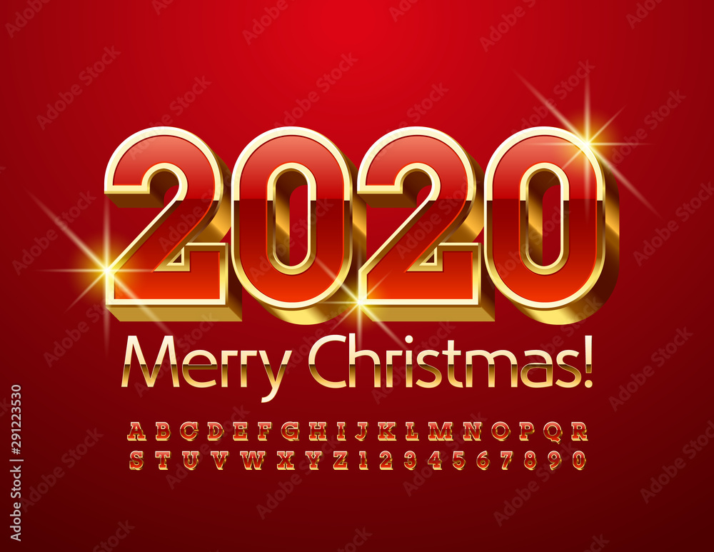 Vector Luxurious Greeting Card Merry Christmas 2020. Chic 3D Font. Red and Golden Alphabet Letters and Numbers. Vector Luxurious Greeting Card Merry Christmas 2020. Chic 3D Font. Red and Golden Alphabet Letters and Numbers.
