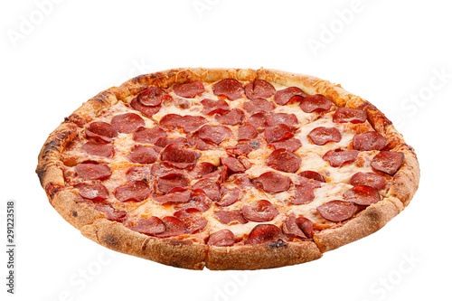 Pepperoni pizza arrangement isolated on white background.