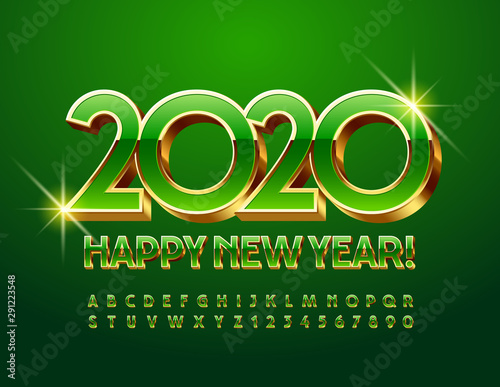 Vector stylish Greeting Card Happy New Year 2020. Chic 3D Font. Green and  Golden Alphabet.