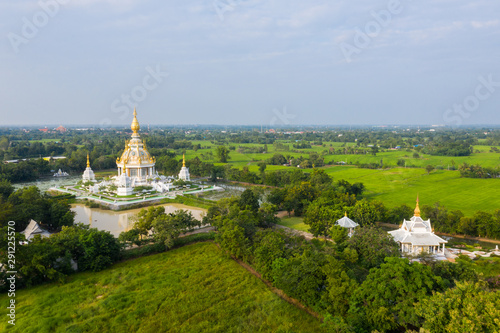 Aerial view from drone of Wat thung setthi temple in the daytime at Khon kaen in Thailand.