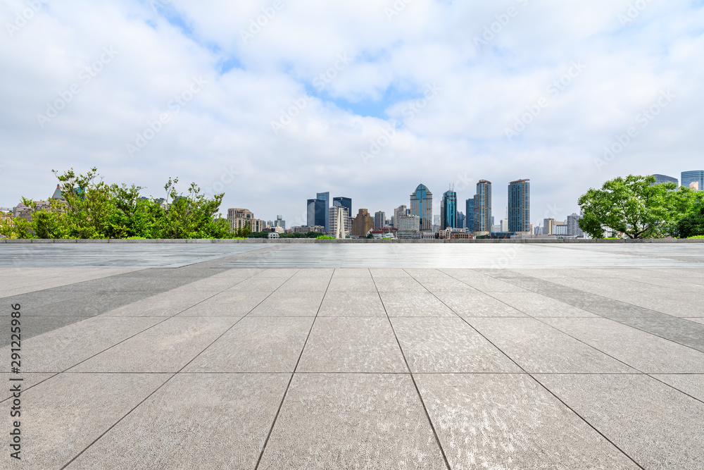Shanghai skyline and empty square floor in city park Shanghai skyline and empty square floor in city park