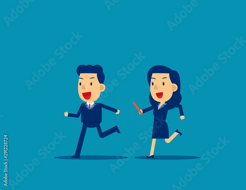 Passing baton to colleague in relay race. Business office teamwork concept, Cute flat cartoon character style design.