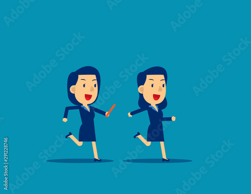 Passing baton to colleague in relay race. Business office teamwork concept, Cute flat cartoon character style design.
