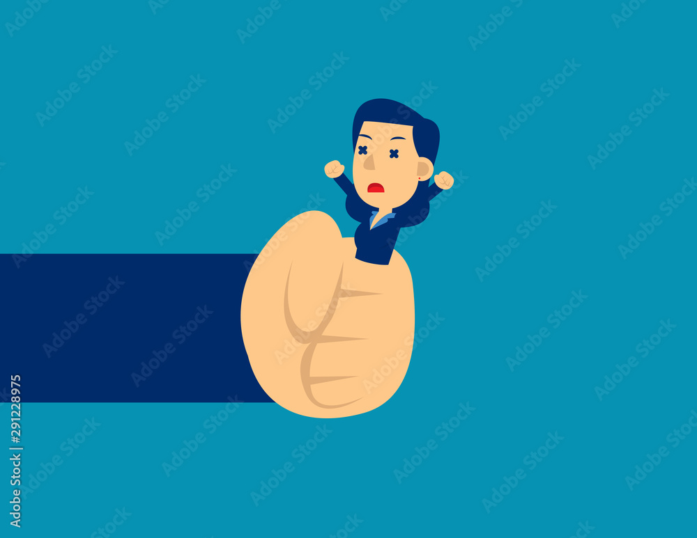 Big hand trapped. New business company. Flat kid cartoon vector style design.