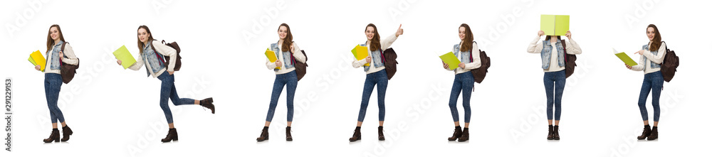 Pretty student holding textbooks isolated on white Pretty student holding textbooks isolated on white