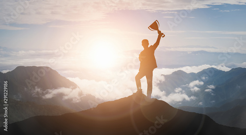 Achievement and Business Goal Success Concept - Creative business people with icon graphic interface showing employee reward giving for business success achievement. photo