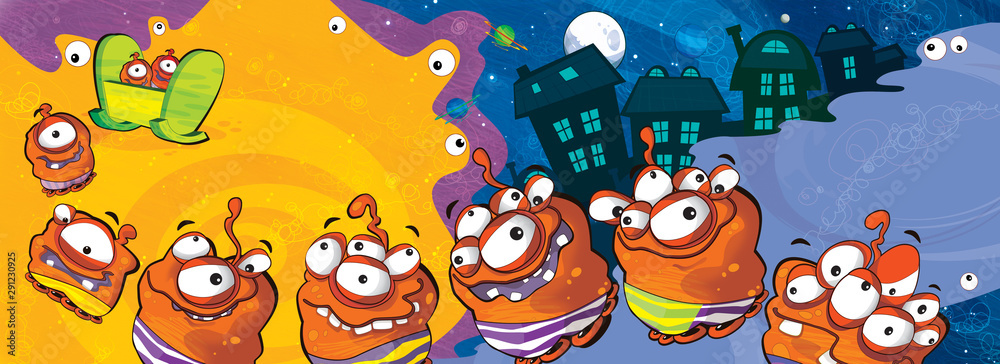 cartoon scene with some funny looking alien flying in ufo vehicle near some planet - white background - illustration for children cartoon scene with some funny looking alien flying in ufo vehicle near some planet - white background - illustration for children
