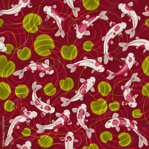 Koi carps in a Japanese pond. Vector seamless japanese fish pattern on red background.